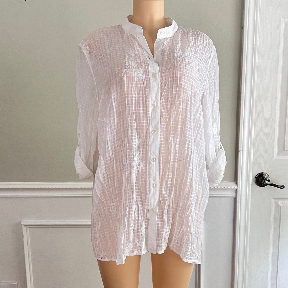 Button Down Tunic Women OS‎ Floral Embroidered Sheer White Coastal Boho